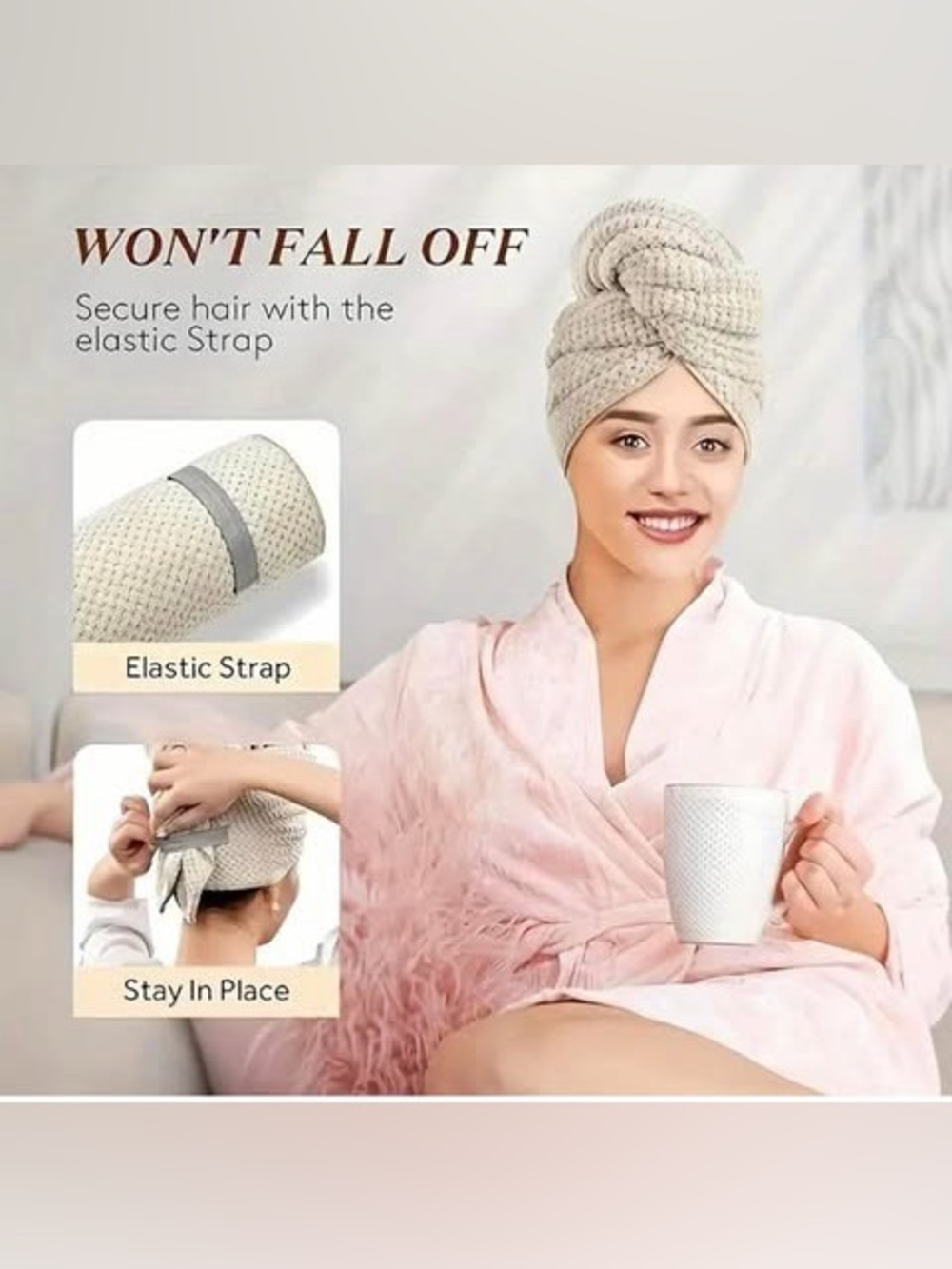 2 Pack Large Microfiber Quick Drying Hair Towel with Elastic Strap